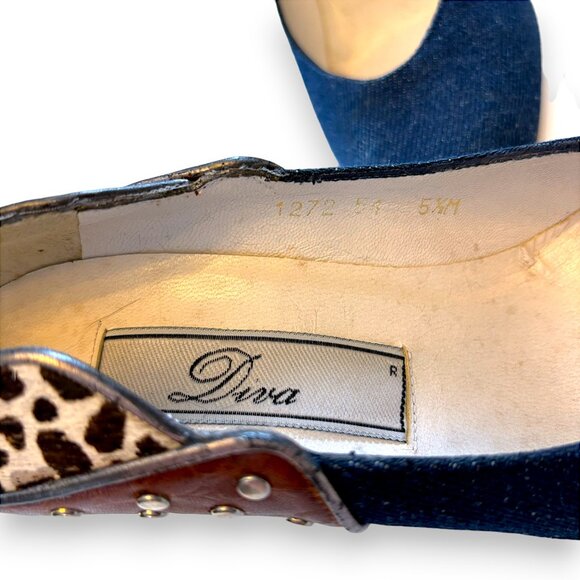 Vintage Leather, Denim & Cowhide Studded Boho Heels - Picture 10 of 12